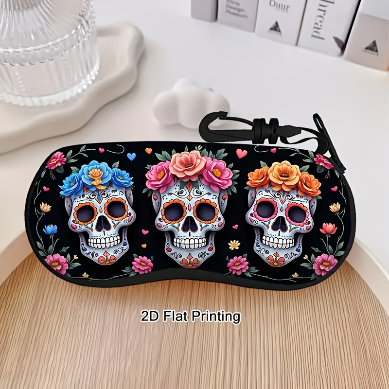 TEMU An Elegant Floral Skull Pattern Zippered Glasses Case, Ultra-lightweight And Portable Neoprene Zippered Eyewear Pouch, Suitable For Types And Sizes Of Glasses, For Men And Women