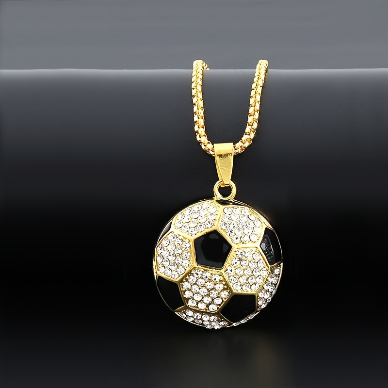 

Funky Golden Soccer Ball Pendant Necklace With Rhinestone Accents, Hip-hop Fashion Alloy Chain, No Plating - Stylish Sports-themed Jewelry Accessory