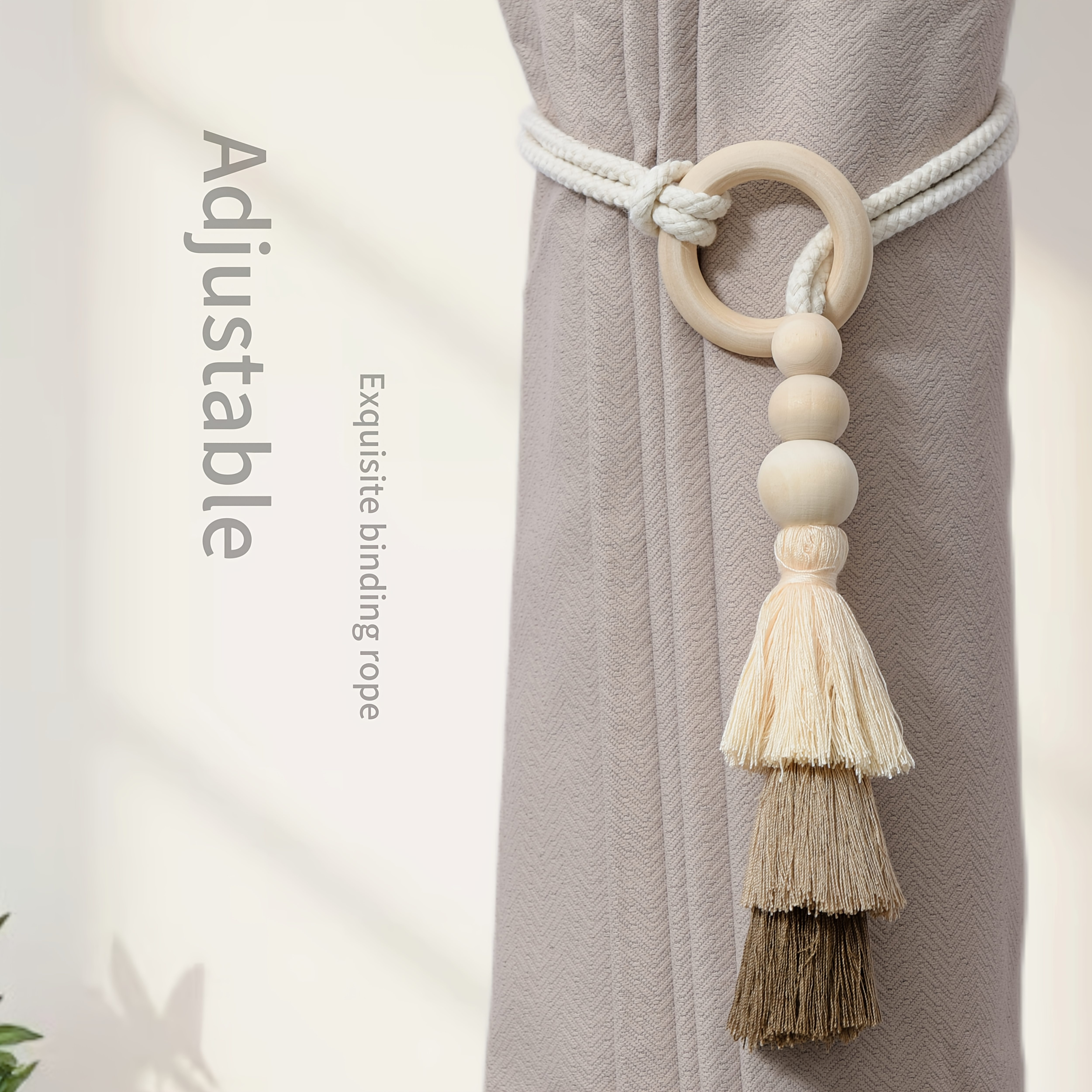 2pcs, Anneau de rideau en bois avec pompon, Style bohème, Anneau de rideau en fil de luxe léger haut de gamme, 2 pièces par paquet