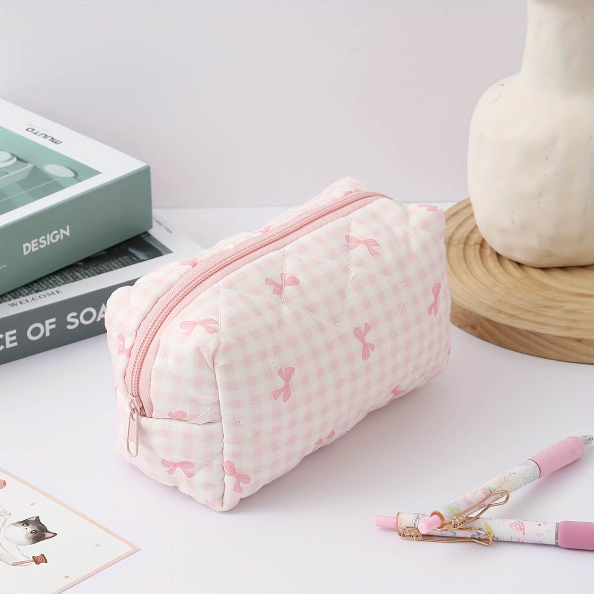 TEMU 1pc Chic Single-panel Checkered Pencil Case With Pink - Stylish & Portable Stationery Organizer For Students, Office Desk Essentials, And Travel