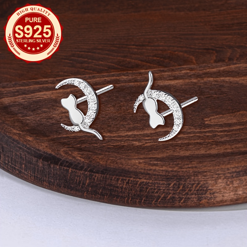 Women's S925 Silver Moon and Kitten Stud Earrings