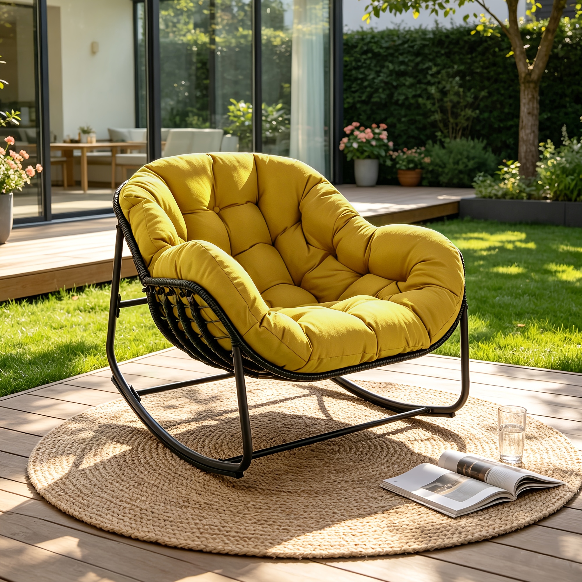 TEMU Papasan Rocking Chair Outdoor, All Weather Wicker Papasan Patio Chair With Cushion And Pillow, Heavy Duty Metal Oversized Papasan Rocker Egg