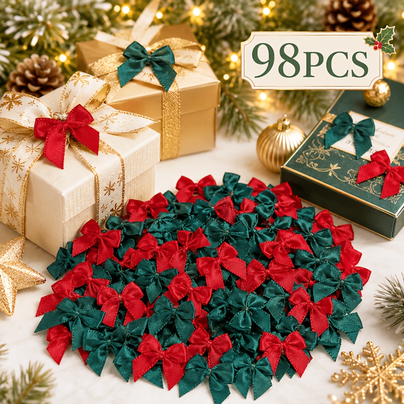TEMU 98pcs Christmas Mini Satin Ribbon Bows, 1-inch Burgundy/dark Green Mini Bows, Suitable For Christmas Party Decorations, Sewing, Scrapbooking,