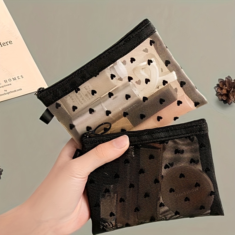 E-shop 2er-Set beige und schwarze Aufbewahrungstaschen, herzförmiges Design, transparent , tragbare Aufbewahrungsbeutel für Lippenstifte und kleine