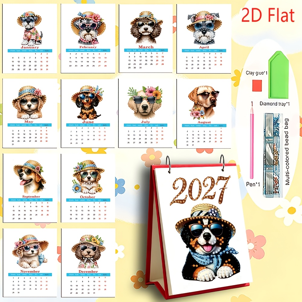 TEMU 1pc 2027 2d Dog With Glasses Diamond Painting Diy Holiday Series Pattern Calendar, Desktop Calendar, Desk Calendar For School Desks, Creative