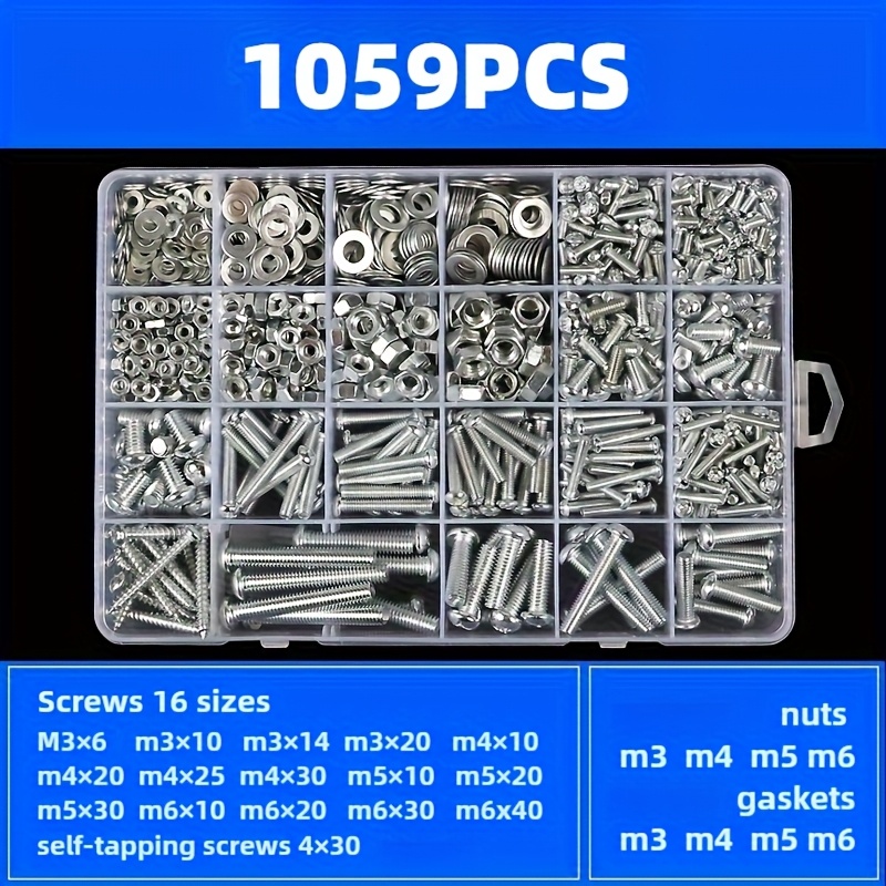 E-shop 1059-teiliges Schrauben-, Muttern- -Sortiment-Set, enthält Rundkopfschrauben, Kreuzschlitz-Schrauben mit Schlitzkopf, mit Box, für -