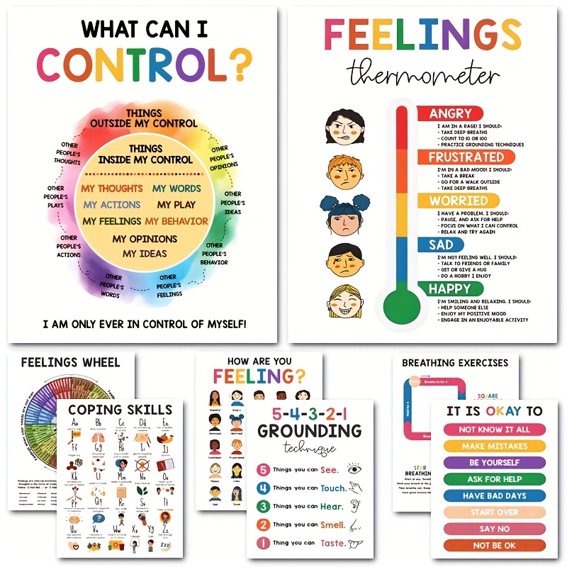 TEMU 2d Flat, 2-d Flat 8pcs Set Of Frameless Mental Health Posters, 20.32*25.4cm, Emotion Regulation, Coping Skills, , What I Can Control, Suitable