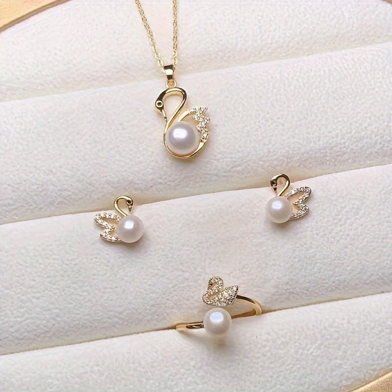 

4pcs Elegant Jewelry Set, Pearl Pendants, Rings, Earrings, Necklace, Alloy, , Daily & Gift , All