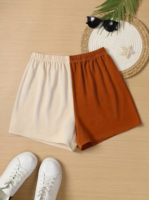 item picture new summer coffee colorblock sporty womens short a line elastic high waist wide leg casual short hot pants