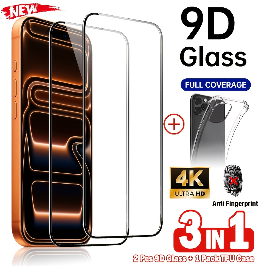 2 Super 9d Tempered With Full Coverage And 1 Tpu Transparent Phone Case, For Iphone 17 Pro Max/17 Air/16 Pro Max/16e/15 Pro Max/14 Plus/13 Pro Max/12 Pro Max/11 Pro Max