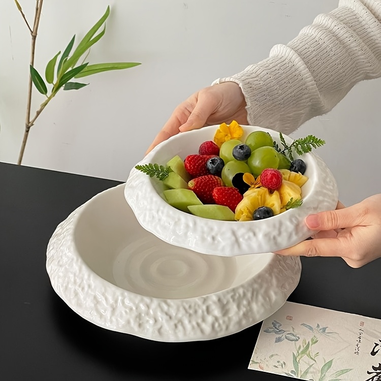 2pcs 10&20.32 cm Textured Rock Pattern Wide Rim Ceramic Plates, Light Luxury High-Grade Large Capacity Deep Plates, Multipurpose for Soup, Dishes & Fruits.