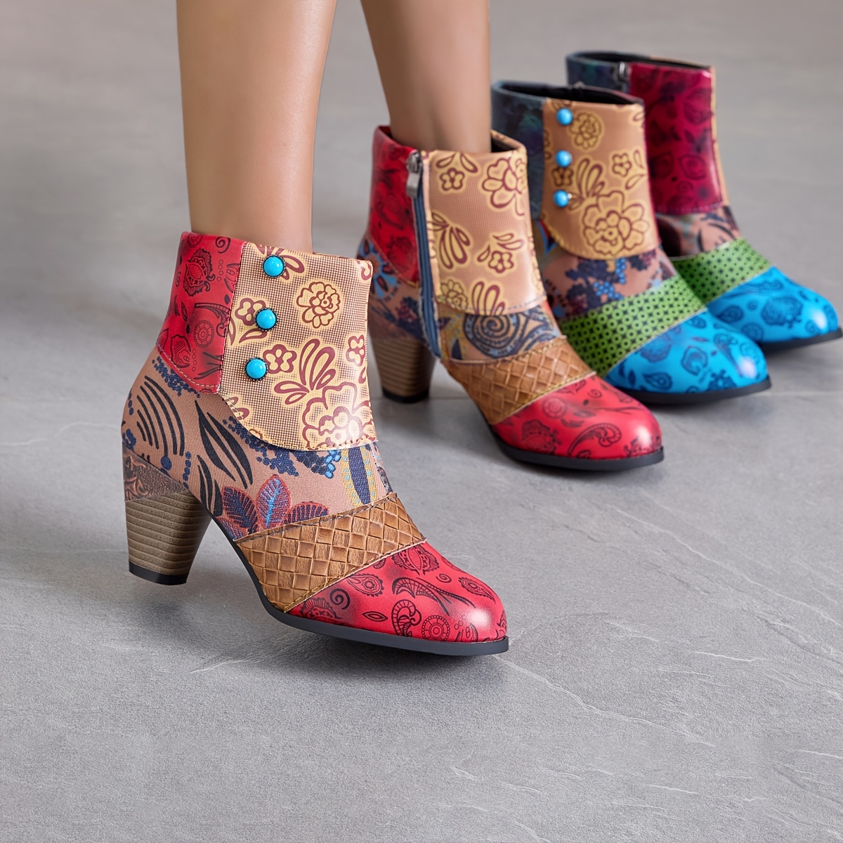 paar vintage blumenmuster knöchel stiefeletten lässige Temu