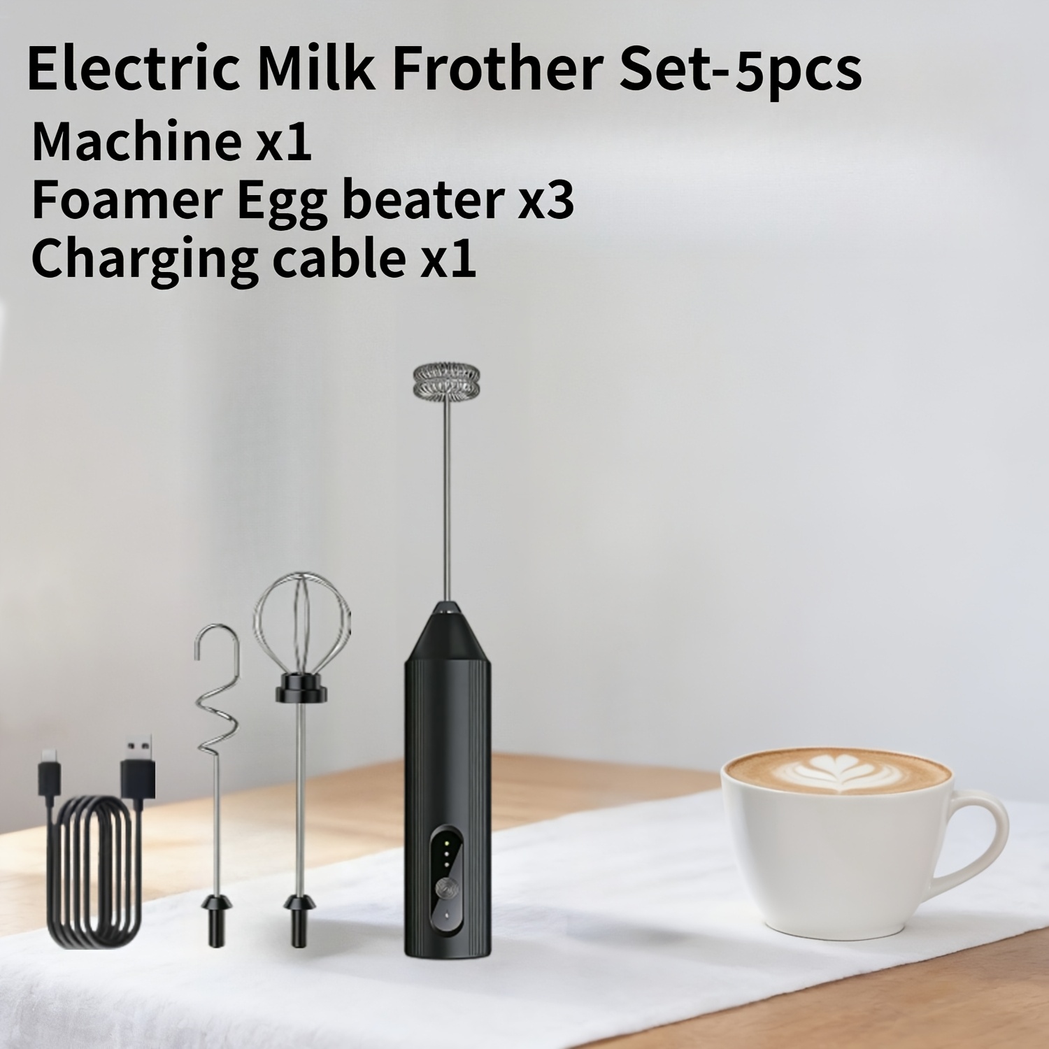 TEMU Set de 5 fouets électriques (Machine X1, Fouets à mousse X3, Câble de charge X1) - Fouet à lait électrique rechargeable, Machine à fouetter à