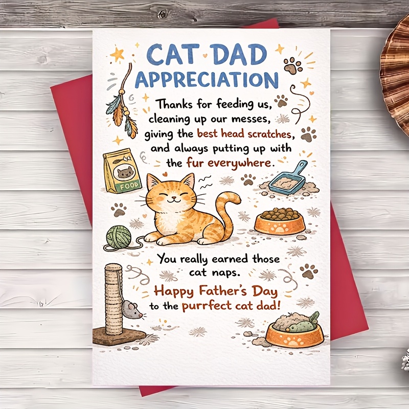 TEMU 1pc Greeting Card Cat Dad Appreciation Greeting Card Fathers Day Gift For Cat Lover Husband Boyfriend Pet Owner Cute Cat Theme Message For Home