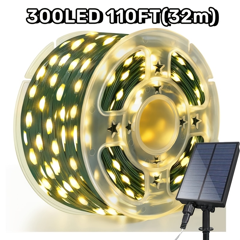 TEMU 1pc 110ft Solar Powered Outdoor Light String - 300 Leds, Waterproof Fairy Lights, 8 Lighting , 1200mah Large Battery For Deck, Garden, Patio And