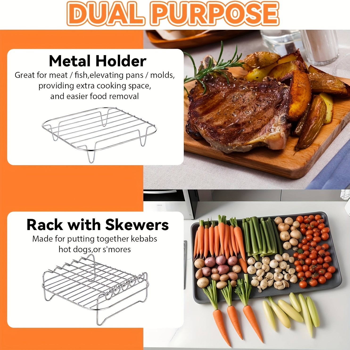 Freidora de Aire Portátil Versátil de Acero Inoxidable 304 con Parrilla y Brochetas - Apilable para Cocina en Horno, Microondas y Freidora de Aire, Ideal para Hornear, Cocer al Vapor y Panear - Regalo Perfecto, Utensilio de Cocina Duradero