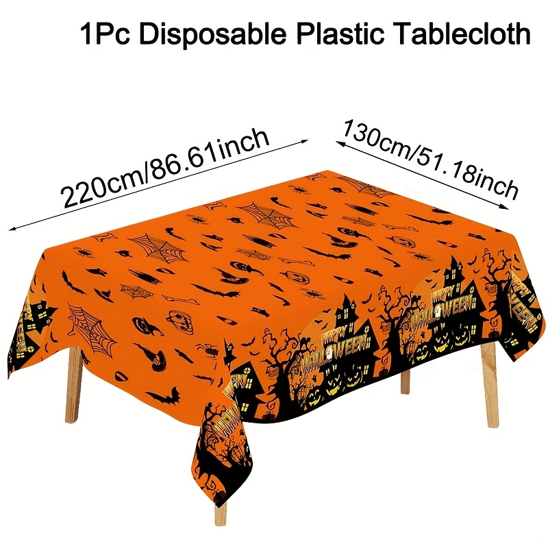 Image of 1pc Happy Halloween Plastic Tablecover - Castle, , Pumpkin, Pattern, Disposable Tablecloth For Festive Decorations, Parties, Events, And Gatherings, 220x130cm, Halloween Decorations