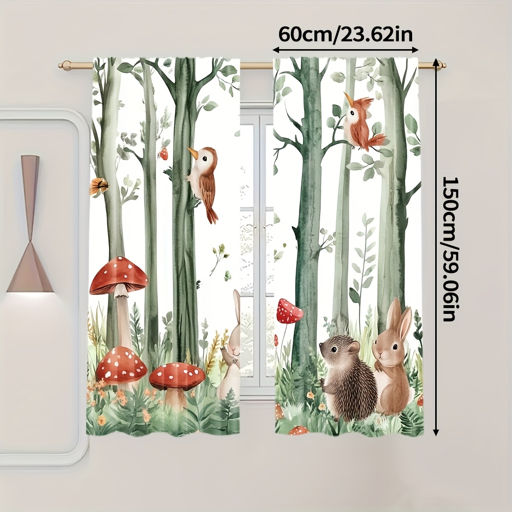 TEMU 2pcs Woods Cartoon Woodland Animals Light-filtering Curtains, Contemporary Polyester Woven Rod Pocket Drapes For Bedroom, Living Room, Study -