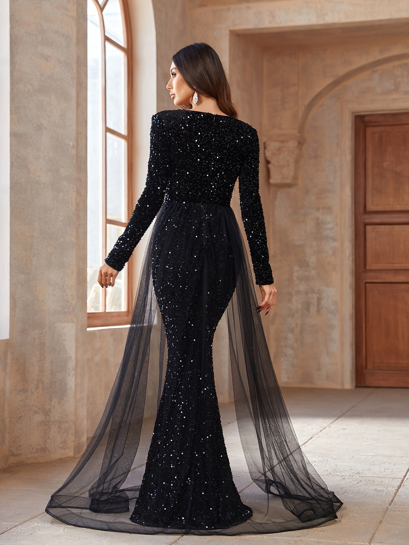 Sequined V Neck Mesh Draped Dress Elegant Long Sleeve Mermaid Hem Evening Dress For Party Banquet Women s Clothing