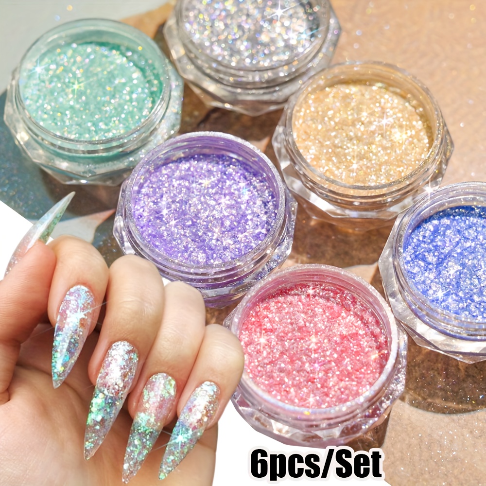 6 Jars Aurora Glitter Powder - Multi-Color Shimmer & Chrome Dust with Clear Lid | Iridescent Rainbow Colors (Blue, Purple, Golden, Green, Pink, Teal) | Non-Toxic & Easy Application for DIY Nail Art, Manicure, Pedicure, Face & Body | Long-Lasting Shine | Multi-Purpose Glitter Dust for Nail Polish, Eyeshadow, Hair & Fabric Decoration, Nail Art Glitters, Shiny Nail Powder, Nail Gems And Charms, Nail Salon Supplies, Square Nail Glitter