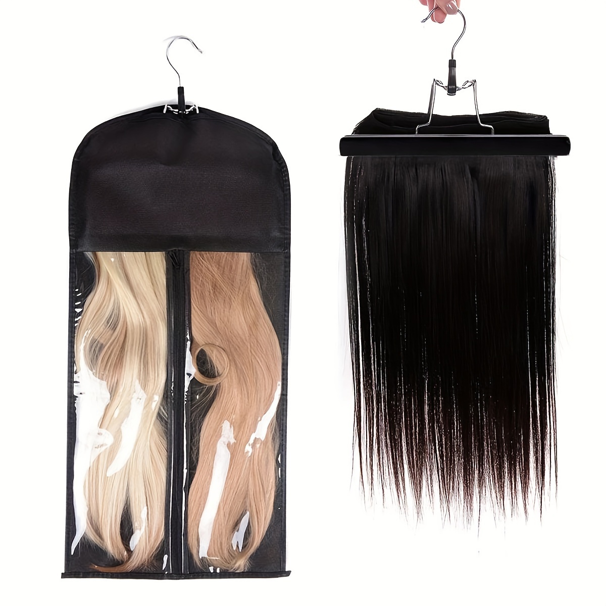 

Unisex Hair Extension And Wig Storage Set - Durable Hanger With Portable Carrier Case, Transparent Front, Convenient Zipper For Travel And Styling Accessories Organization