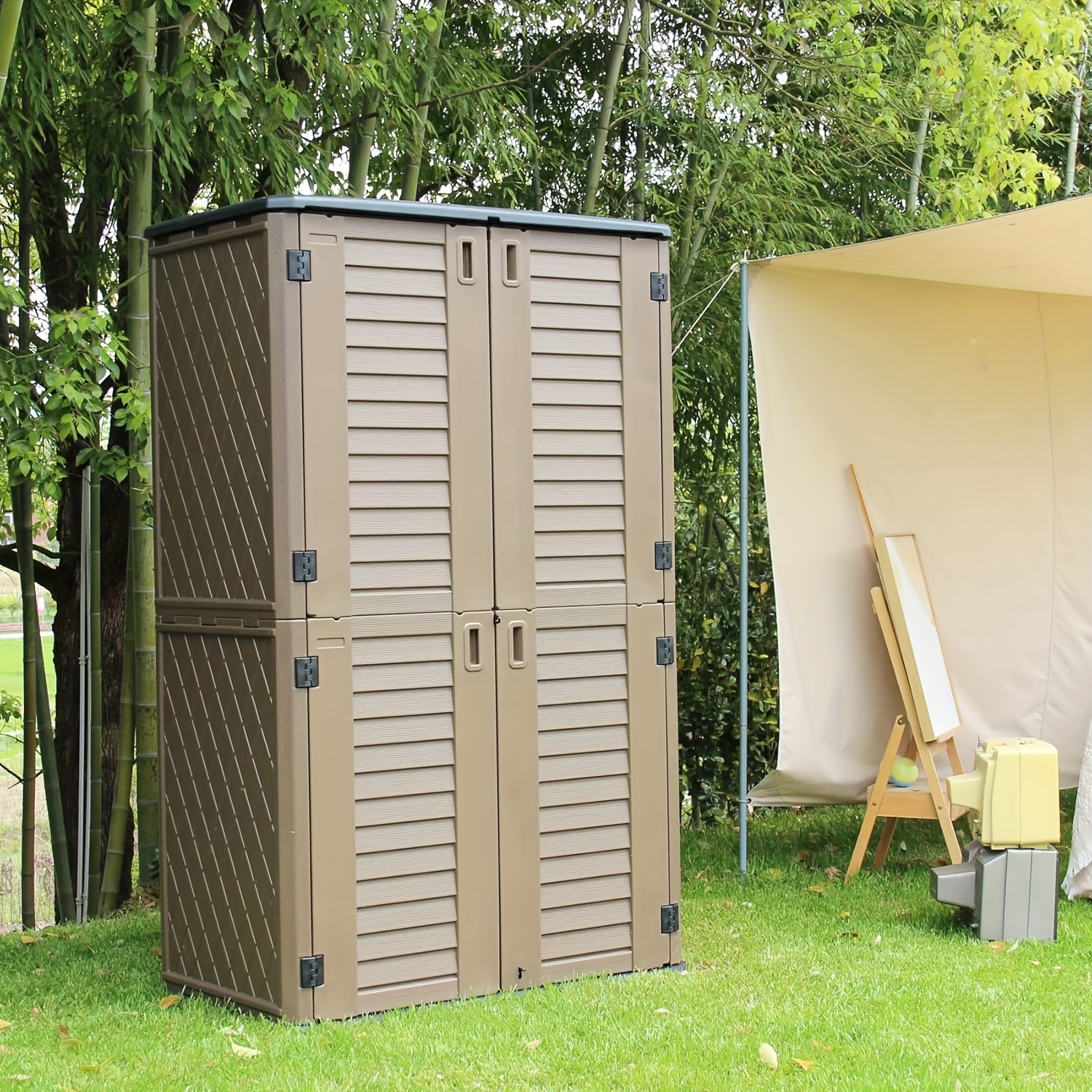 polyethylene outdoor storage cabinet, vertical storage shed perfect to  store patio furniture, garden tools accessories, bike, beach chairs and  lawn mower, 4x2.5 feet, halloween gift | High-quality \u0026 Affordable | Temu, image size:1500x1500