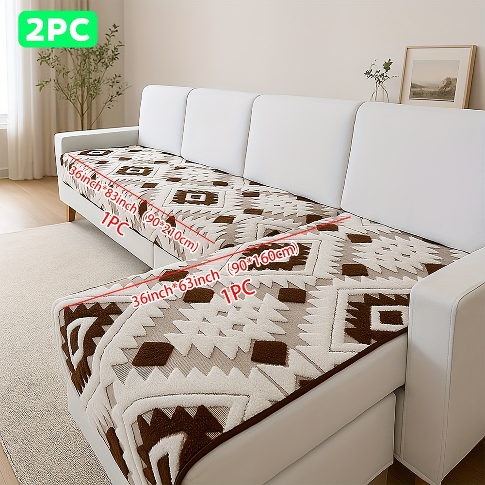 TEMU 2pcs Bohemian Style Jacquard Sofa Cover Set With Cushion - Plush Thick Non-slip L-shaped Corner Design, & Geometric Pattern, Pet-friendly Sofa