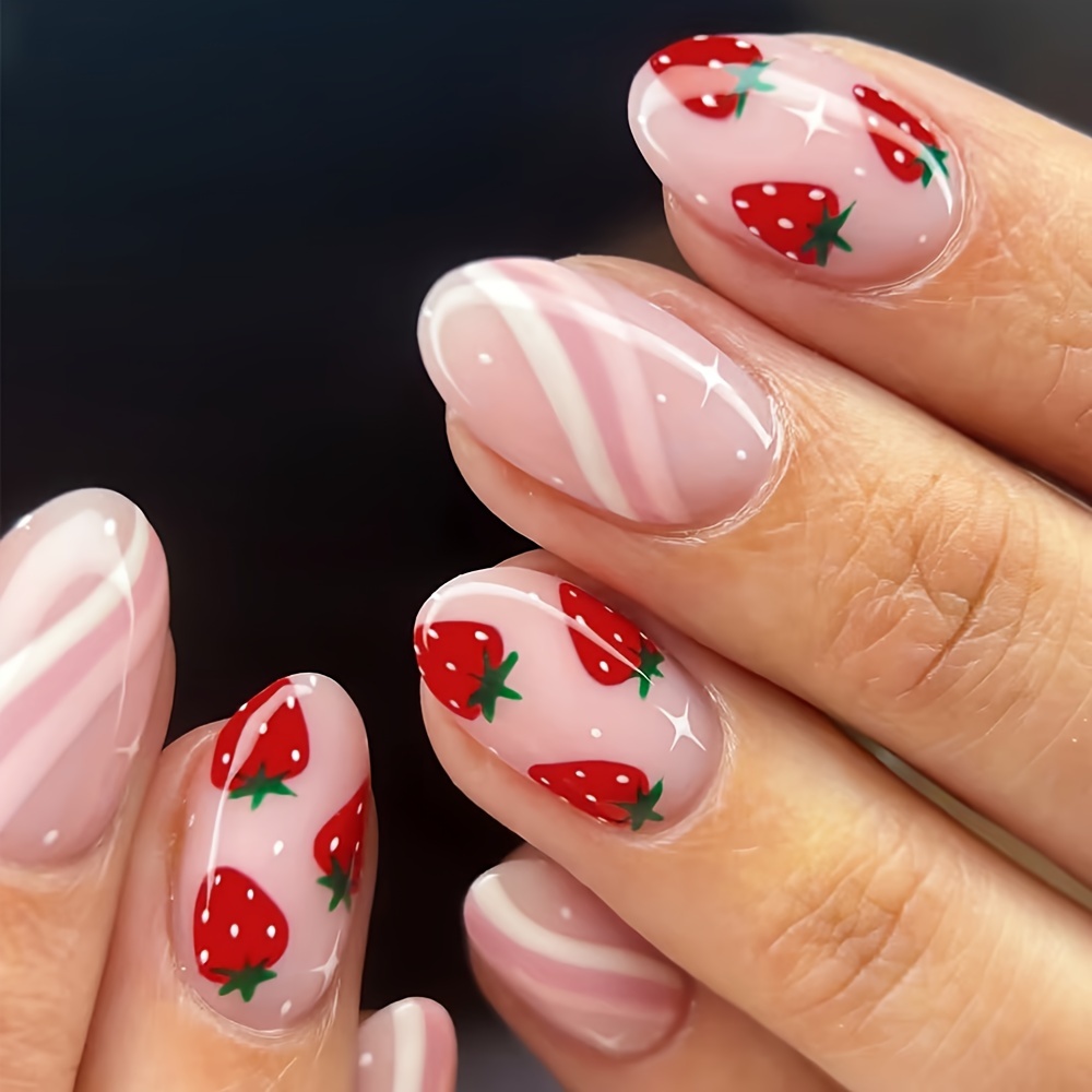 

24pcs Sweet & Fresh Strawberry Press-on Nails Set - Cute Macaron , Short Oval Shape For Girls