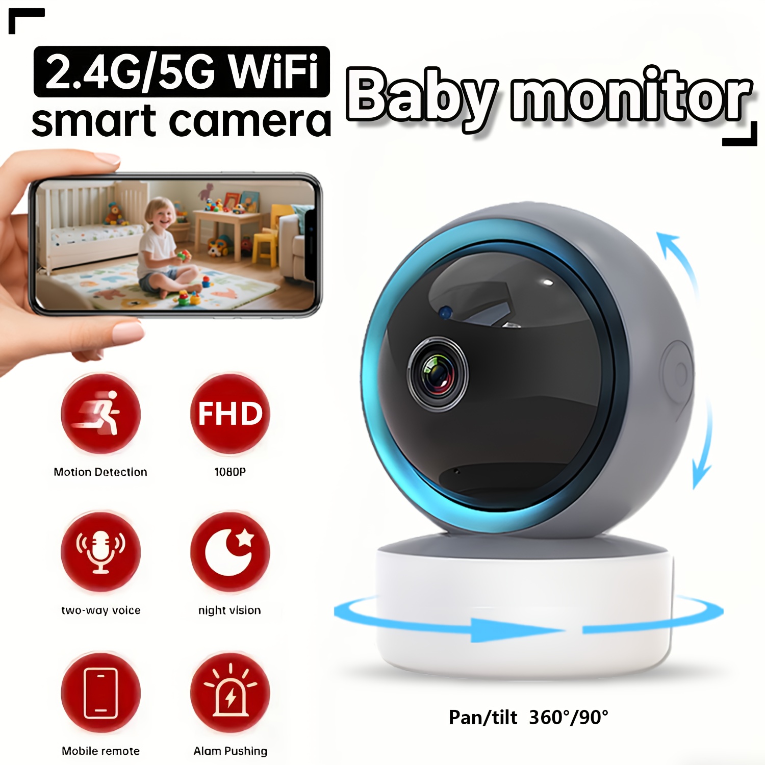Monitor inteligente 1080P, cámara de vigilancia inalámbrica FHD para hogar, conexión dual-band 5G/2.4G WiFi, lente con giro panorámico 360°/90°, control por APP móvil, visión nocturna, detección de movimiento, llamadas bidireccionales, compatible con tarjeta de memoria/almacenamiento en la nube