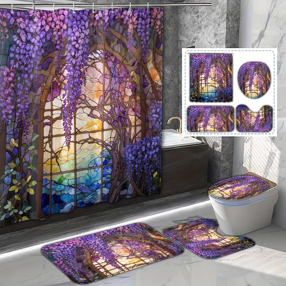 

4pcs/set Stained Glass Wisteria Shower Curtain Set, Waterproof Polyester Ombre Vintage Pattern Print, Includes 12 Hooks, Bathroom Decor With Bath Mat, U-shaped Pad, Toilet Lid Cover, 71x71 Inches