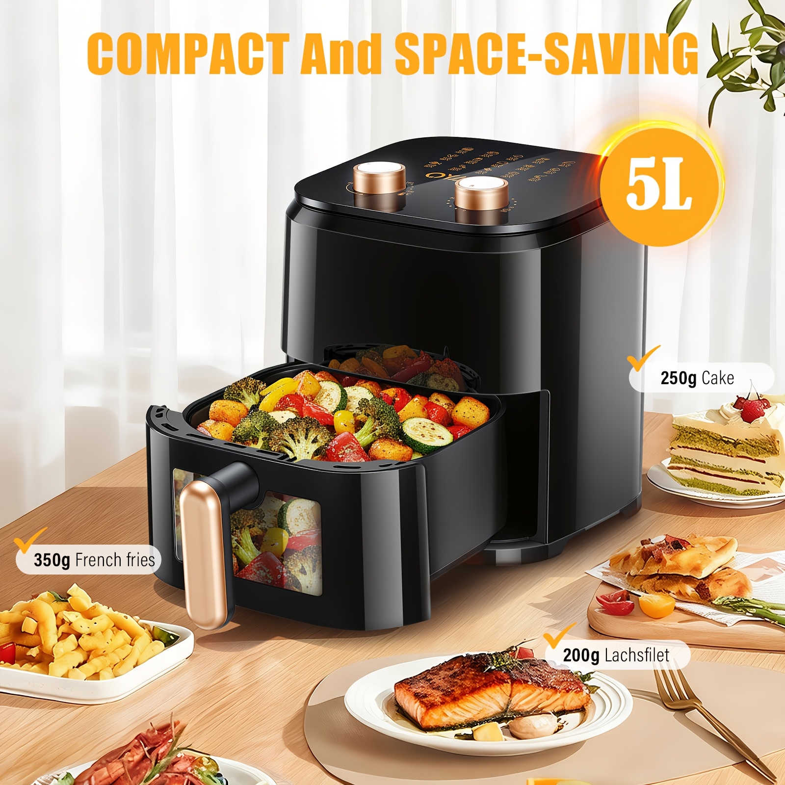 Friteuse à Air 5L, Capacité Familiale Améliorée, Fenêtre Visuelle, Température Réglable, Minuterie de 60 Minutes, 15 Recettes, Panier Carré en Acier Inoxydable, Réchauffage des Restes, Cuisine Facile pour Petit-Déjeuner et Dîner Plus Sains en Quelques Minutes