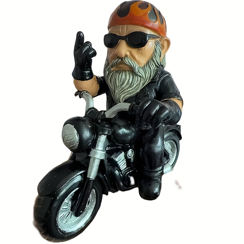 TEMU 1pc Funny Motorcycle-riding Garden Gnome Statue | Resin Indoor/ Outdoor Decor With Flames Helmet & Peace Sign, Whimsical Lawn Figurine For Home
