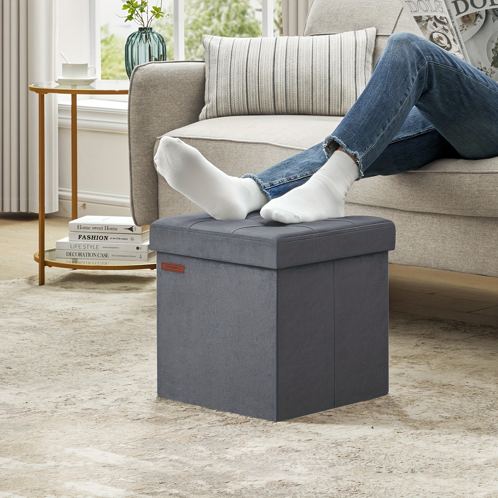 E-shop Faltbarer Ottomane, Samt-Aufbewahrungsbank, Behälter mit Deckel, Fußbank, 38 x 38 cm, Tragfähigkeit 300 kg, für Flur, Wohnzimmer, Schlafzimmer