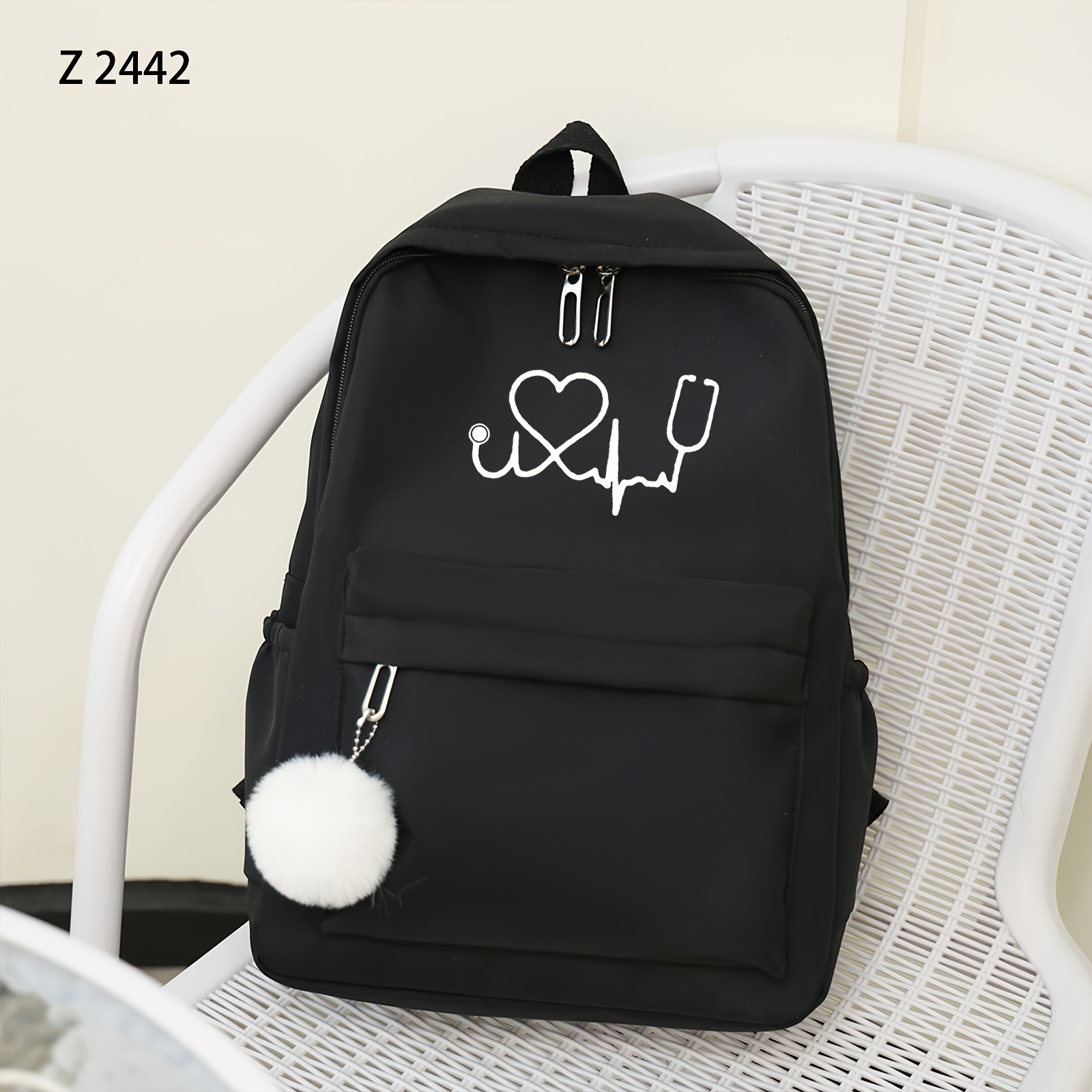 TEMU Stylish Black Nylon Backpack With Heart & Stethoscope Design - Large Capacity, Adjustable Straps, Casual Travel & School Bag For Women, Travel