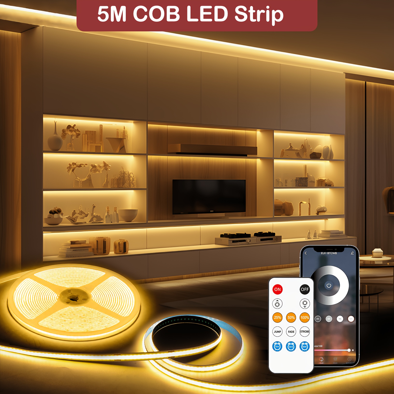 Image of Smart Cob Led Strip Light, 2m-30m 312leds/m, App And Remote Control, 3000k, Dimmable, Timer