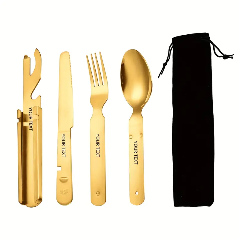 personalized customization 4pcs stainless steel portable outdoor tableware set suitable for travel with knife bottle opener and storage bag outdoor combination tableware camping outdoor travel and silvery Product details 7