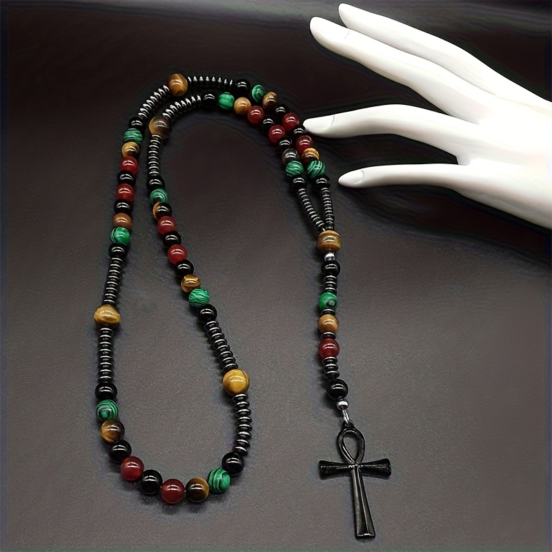 TEMU 5 Colorful Ankh Catholic Pendant Necklace Onyx, Eye, Carnelian, Peacock, Hematite, Black Ankh Cross Suitable For Daily Wear, Gift-, For All