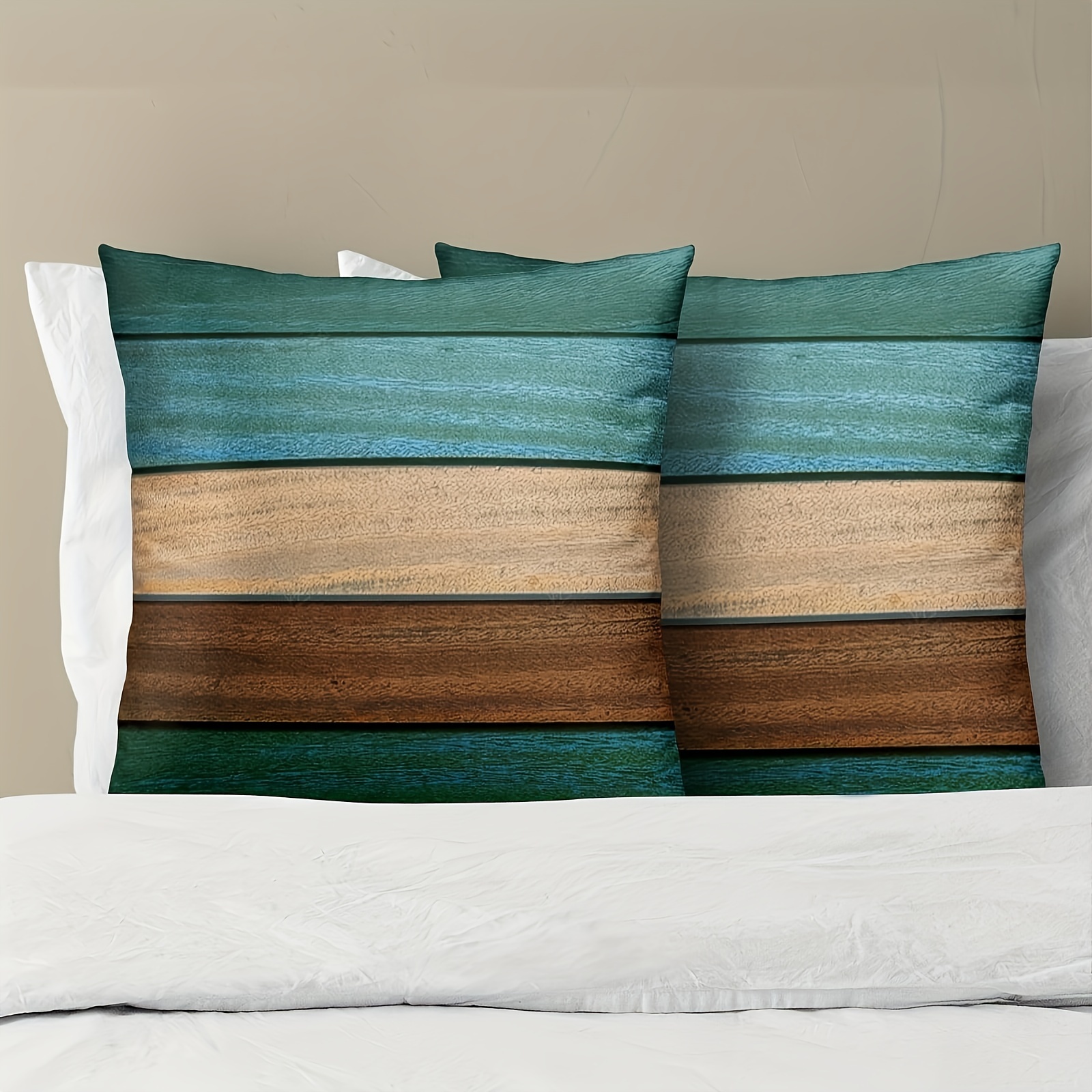 

Contemporary Style Throw Pillow Covers 2-pack - Soft Polyester, Vintage Teal And Brown, Grain Pattern, Home And Bedroom Decor, Zipper Closure, Machine Washable, Woven, Single-sided Print