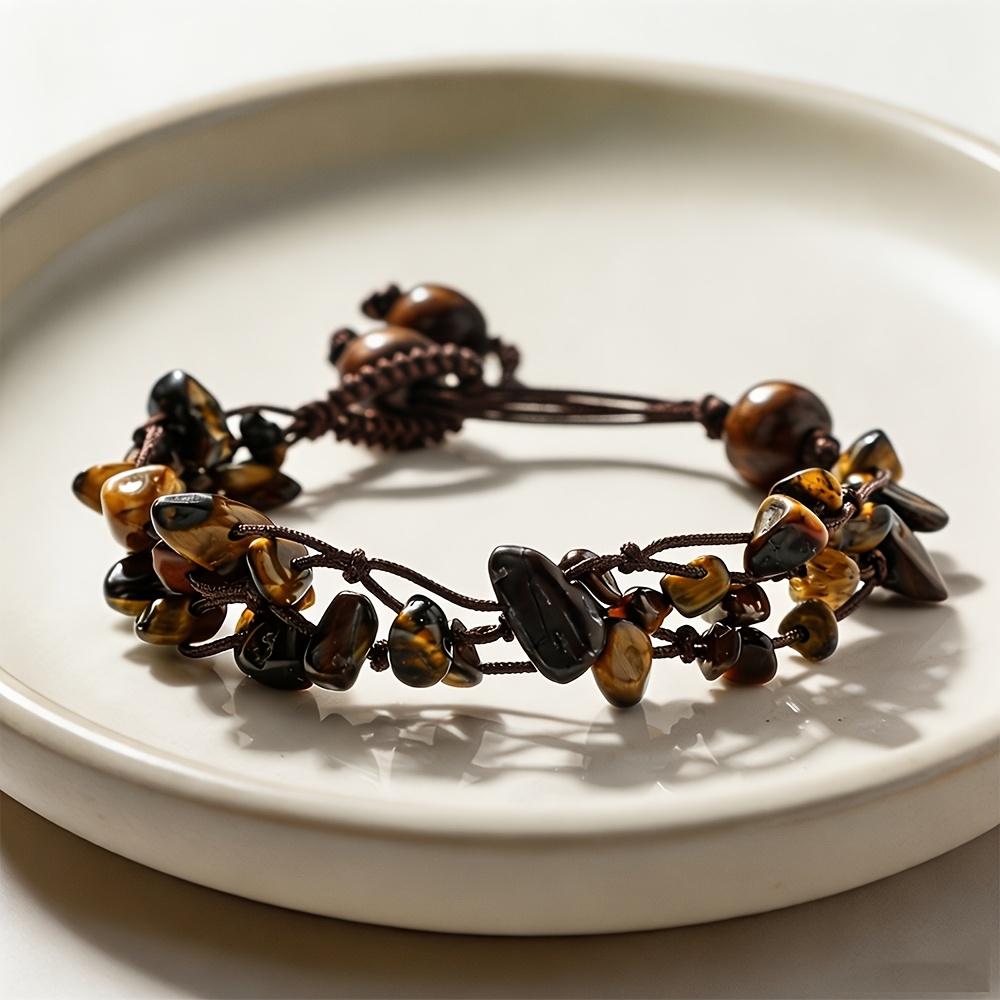 TEMU 1pc Minimalist Brown Pebble Woven Rope Bracelet With Irregular Synthetic Pebbles - -tone Braided Suitable For , Unisex For Daily Wear, Travel,