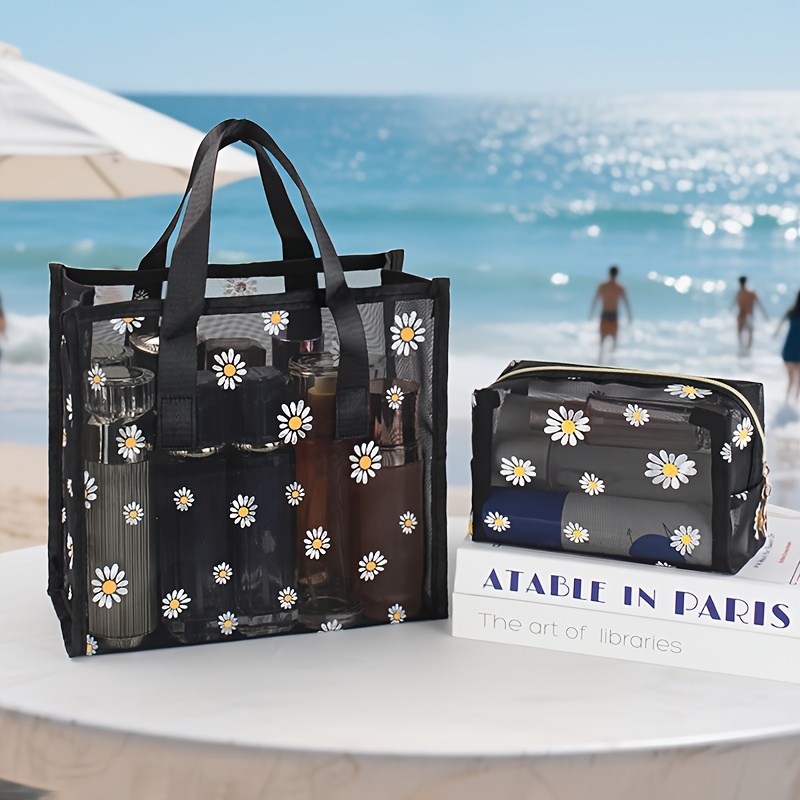 makeup bag] daisy print mesh tote bag cosmetic bag set Temu Bahrain