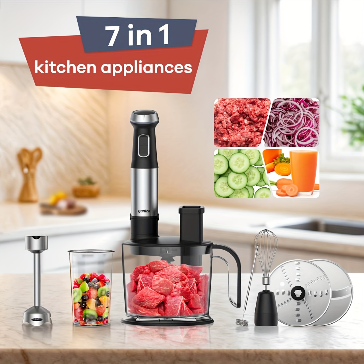 TEMU Ganiza Blender Handheld, 7 In 1 Hand Blender, 15 Variable Speed And Turbo Mode Emulsion Blender Stainless Steel Stick Blender With 1500ml Food