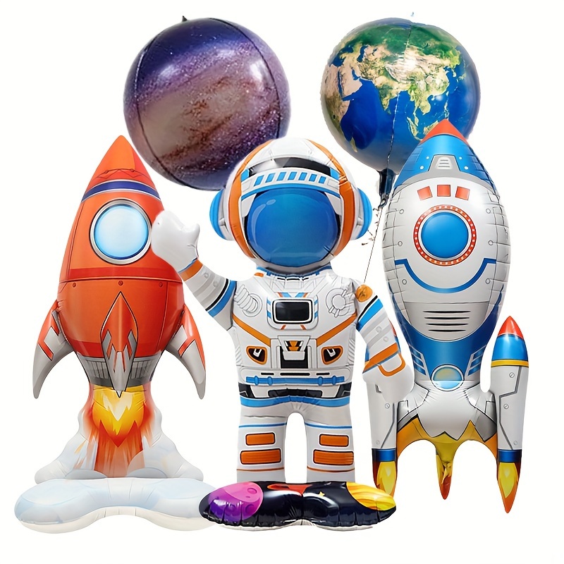 

5pcs Cartoon Rocket & Astronaut Balloon Set - Birthday, Anniversary, Graduation, And Parties - Aluminum Foil Space-themed Decorations