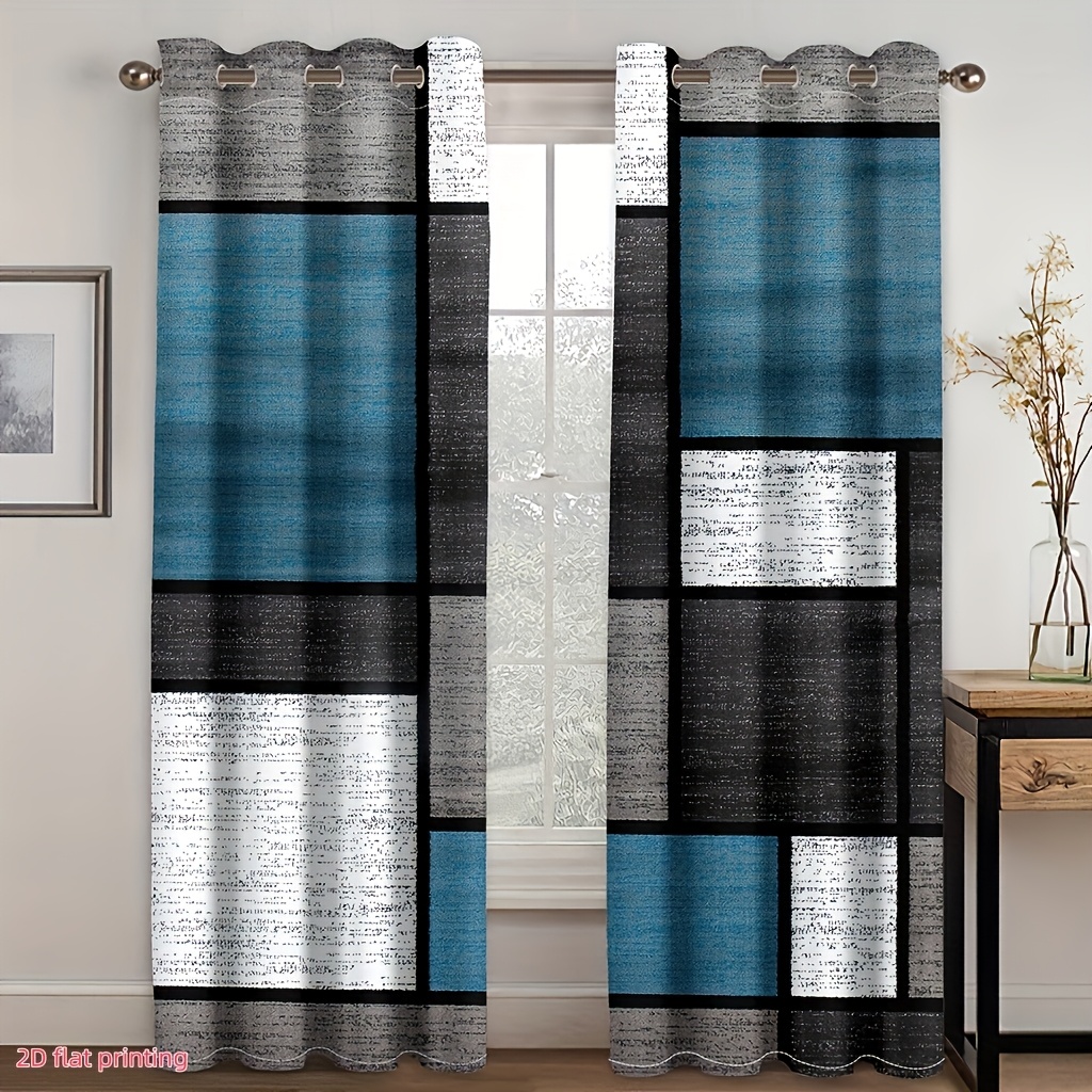 Image of 2d Flat - 2d Flat Printing, 2pcs, Digital Printing Of Geometric Blue-gray Checkered Room Curtains, Semi-transparent Perforated Curtains For Decorating Living Room Furniture