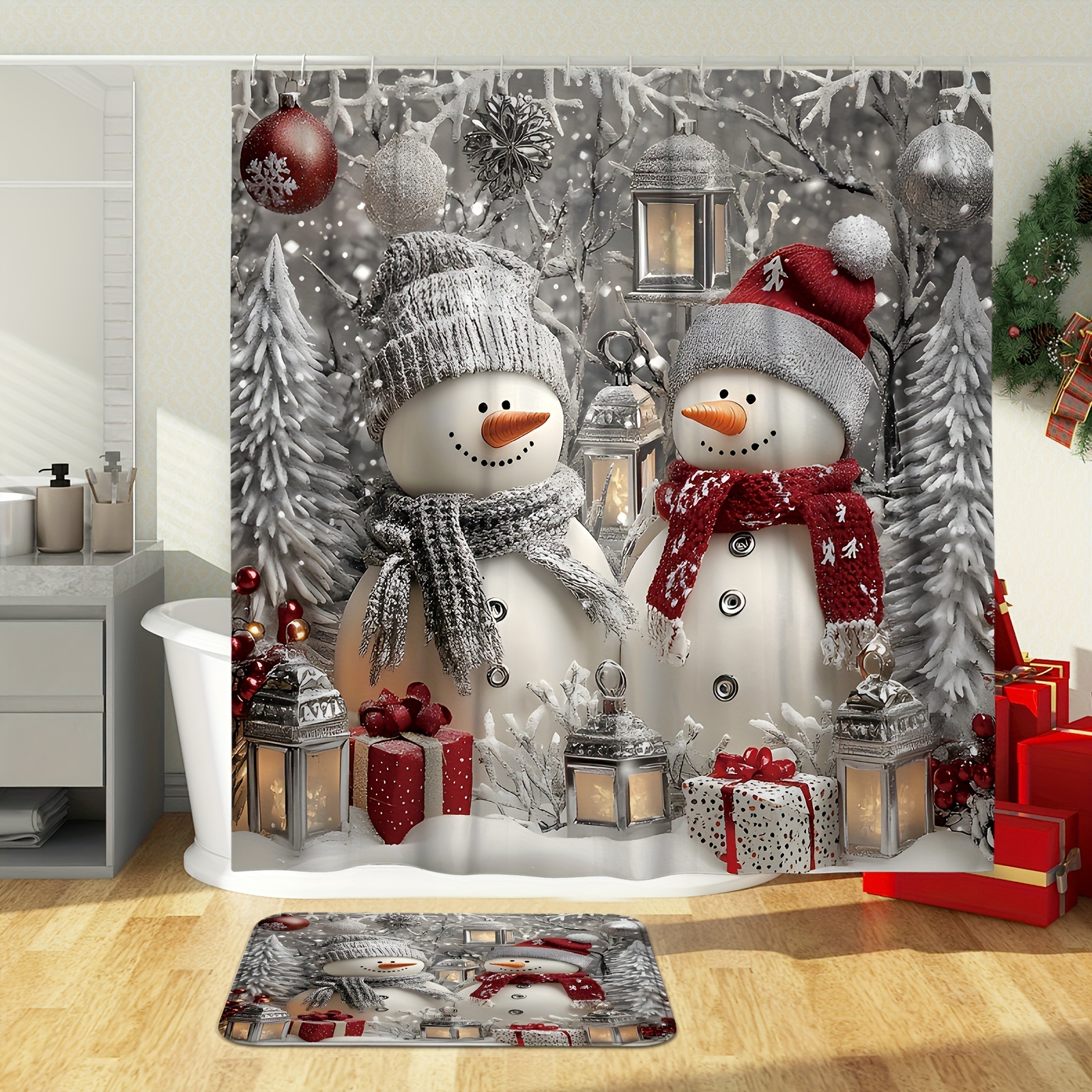 Festive Christmas Snowman Shower Curtain Set with Shower Curtain and Rugs - Polyester, Waterproof, Machine Washable - Perfect for Xmas Bathroom Decor - Includes 12 Hooks and Non-Slip Bath Mat - U-Shaped Toilet Lid Cover Mat