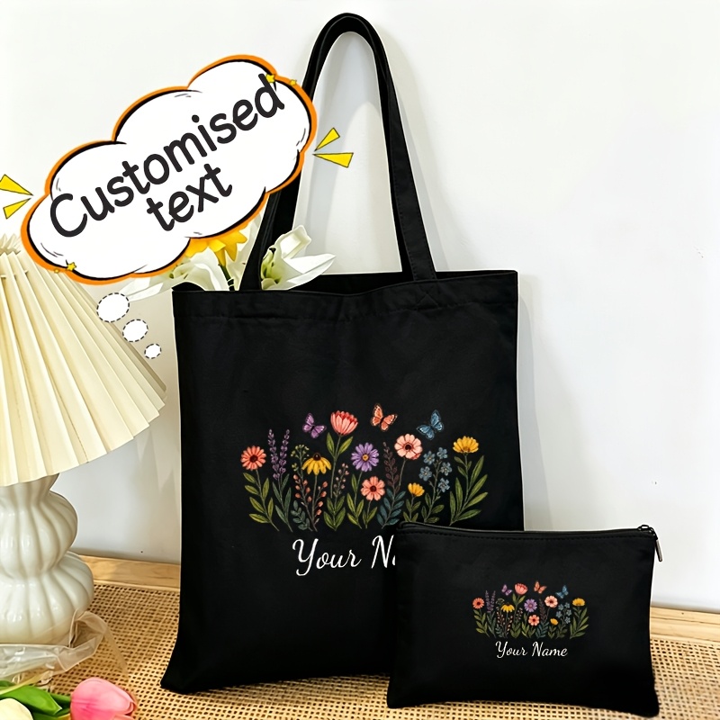 TEMU 1/2pcs Customizable Blank Black Tote Bag Set With Zippered Pouch - Large Capacity Shoulder Bag And Small Makeup Organizer - Personalized Print