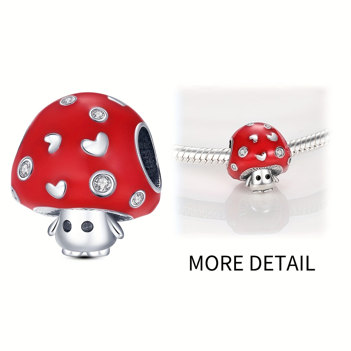 TEMU 1pc Silvery Red Mushroom Charms For 3mm Bracelet Necklace Diy Jewellery Making Beads Pendant Elegant For Gift For Her Small Mushroom Beads