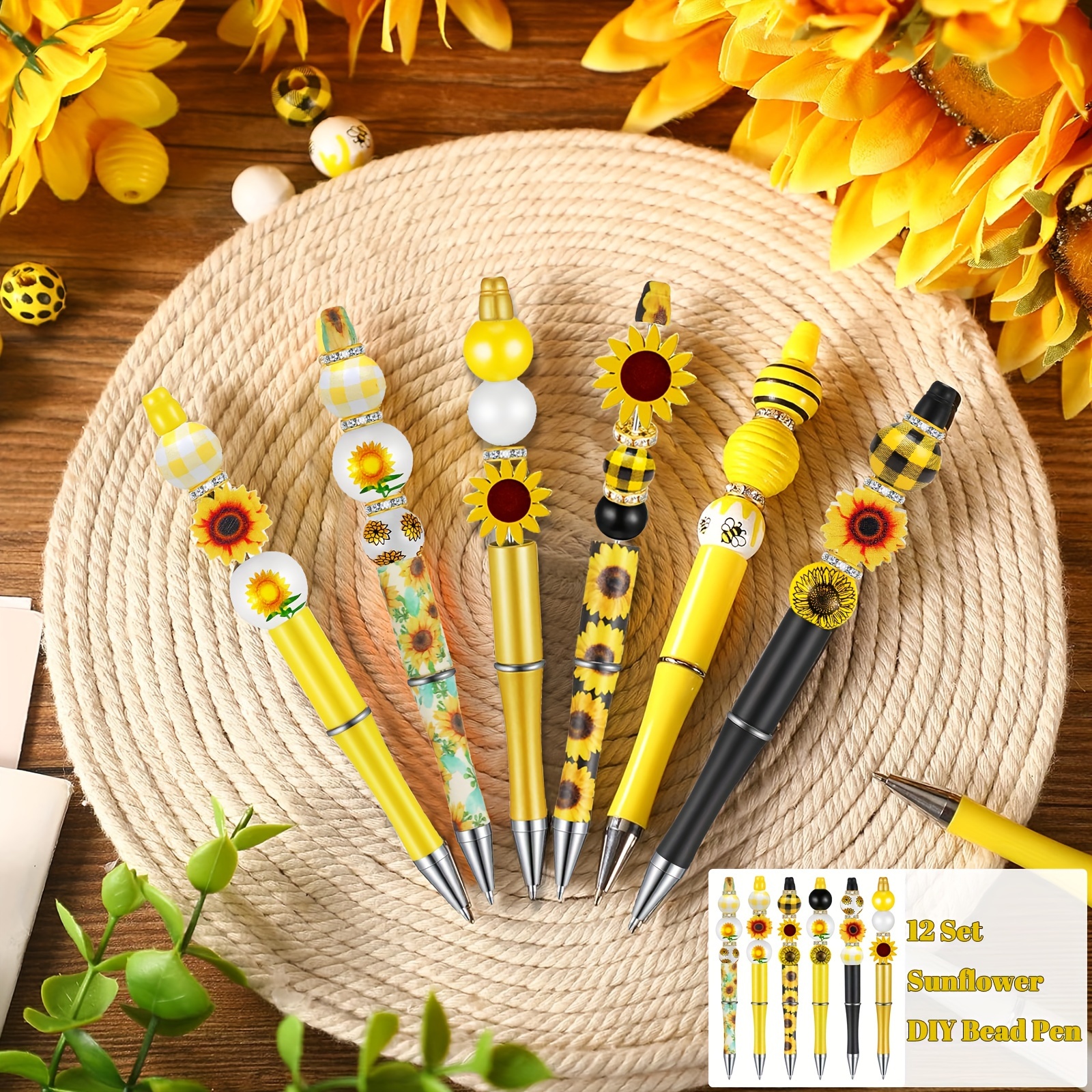 

12 Set Sunflower Diy Beadable Pens Bulk, Assorted Bead Pens Wood Beads Crystal Beads Set With Plastic Ballpoint Pen Diy Beaded Pen Set For Sunflower Party Supplies Christmas Gift