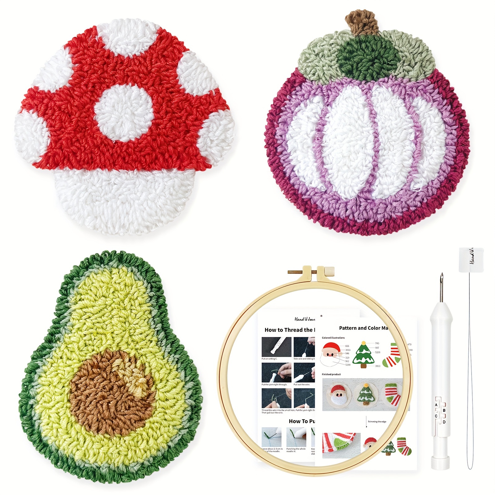 

3pcs Hand U Journey Punch Needle Embroidery Kits, Diy Felt Mushroom, Avocado & Pumpkin Designs, Includes 2.2mm Needle, Embroidery Floss & Plastic Hoop, With Christmas Theme Craft Set