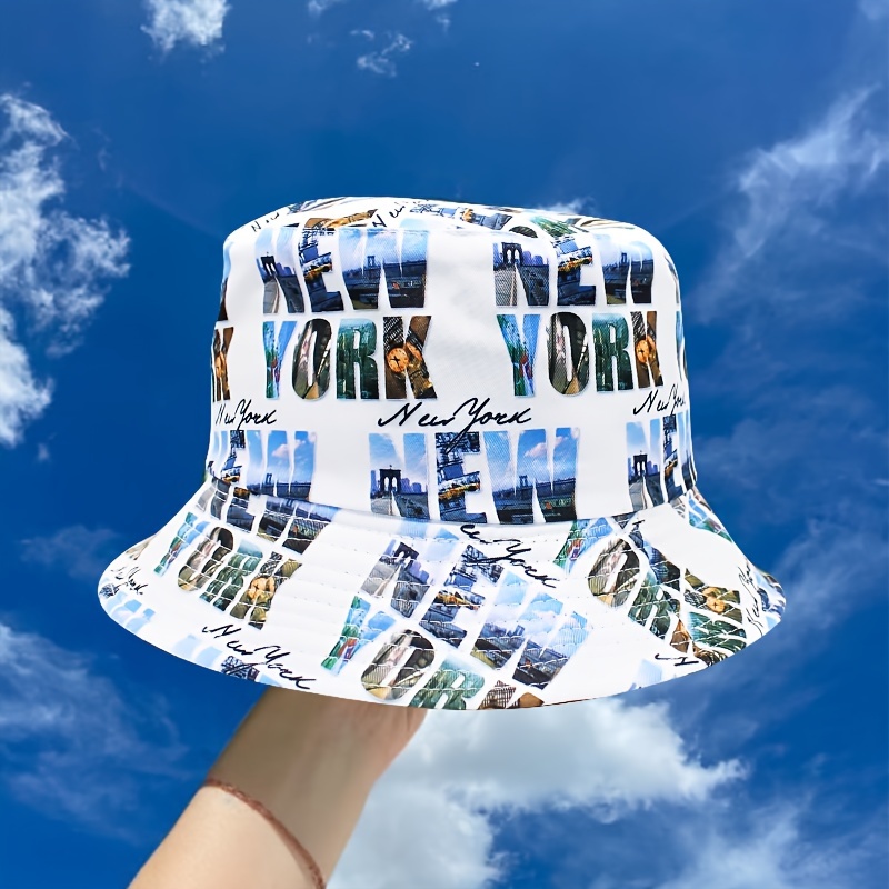 

New York Print Funky Bucket Hat Unisex Polyester Knit Fisherman's Cap With Graffiti Pattern For Outdoor Sun Protection