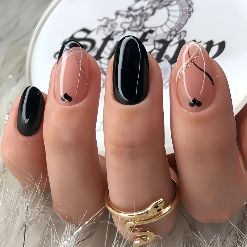 Upgrade Your Look With 24pcs Of Press-on Nails, Short Oval Solid Color Niche European And Striped Temperament Heart Elegant Design Fake Nails Extension Removable Nails With Jelly Glue 1 Nail File 1